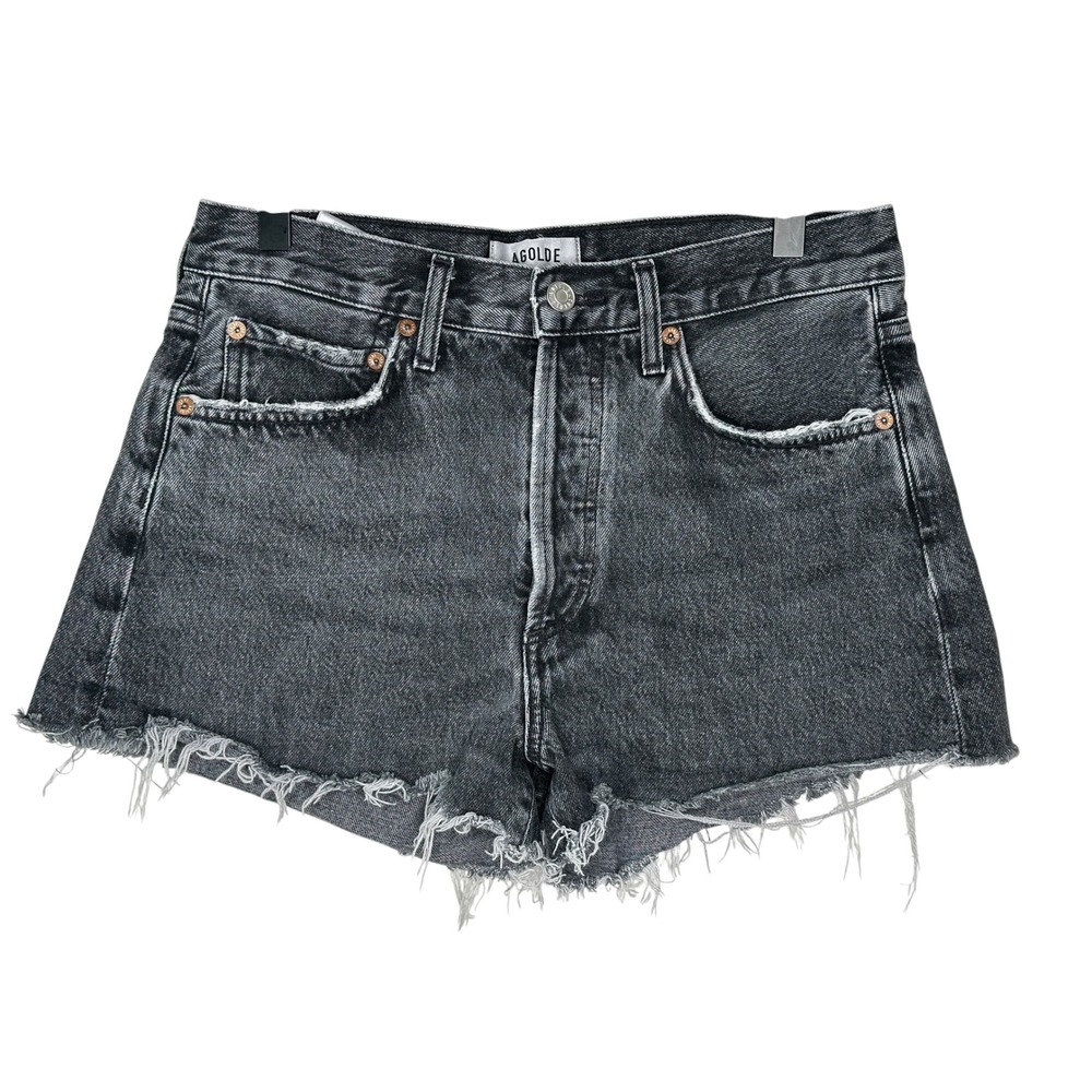 AGOLDE Parker High Rise Denim Shorts 26 Washed Black Frayed Hem A026-1346